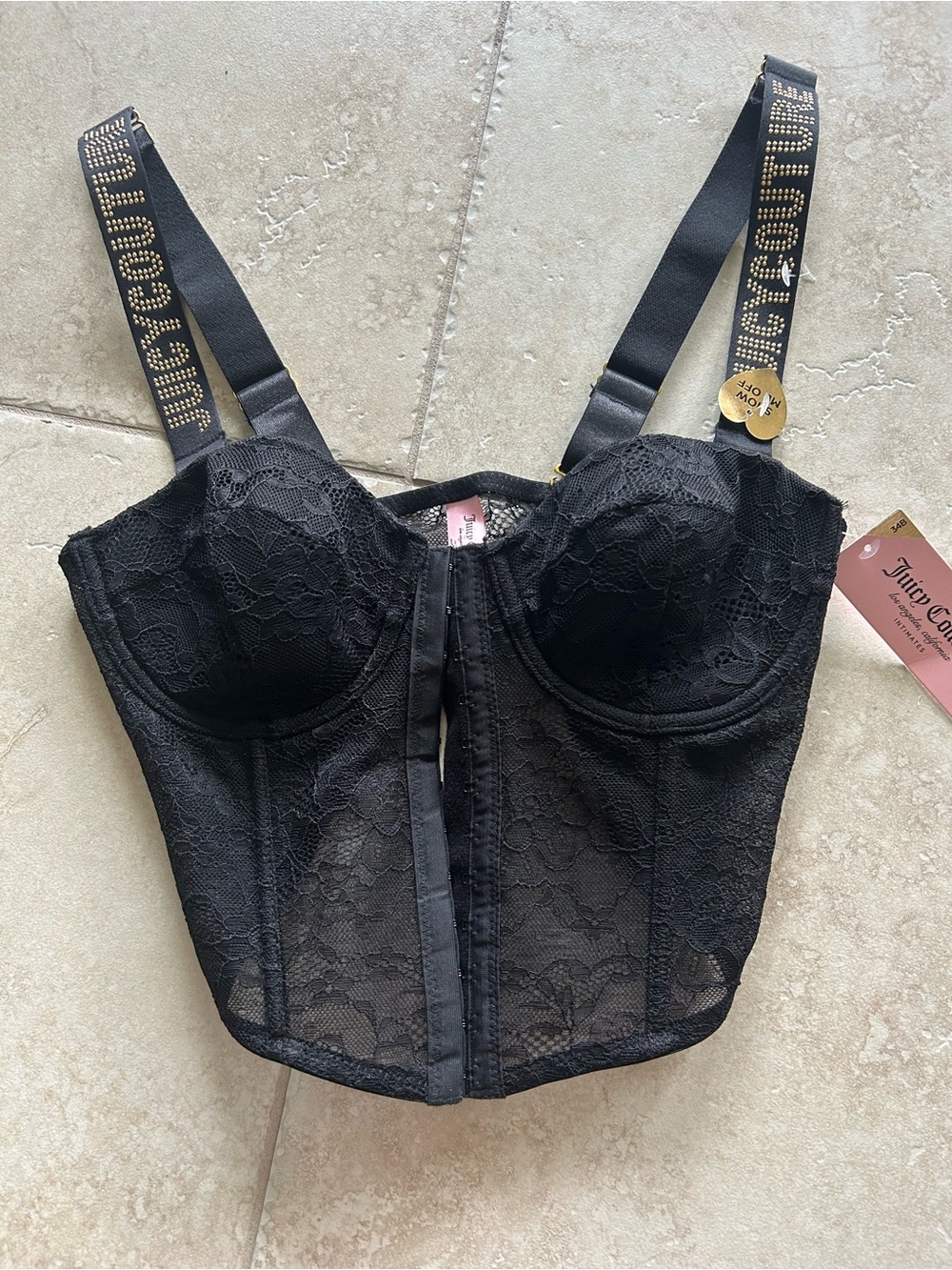 NWT Juicy  Couture Black Lace Longline Bustier Bralette with Branded Straps